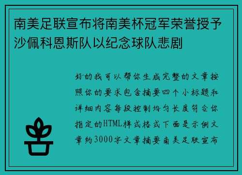 南美足联宣布将南美杯冠军荣誉授予沙佩科恩斯队以纪念球队悲剧